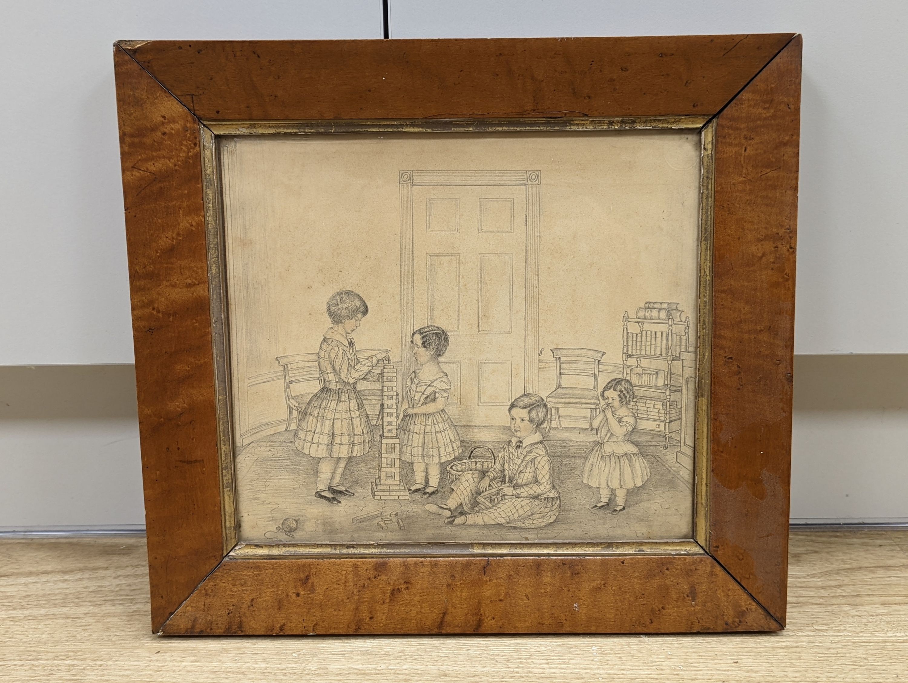 English School c.1900, pencil on paper, Children in a nursery, 24 x 27cm